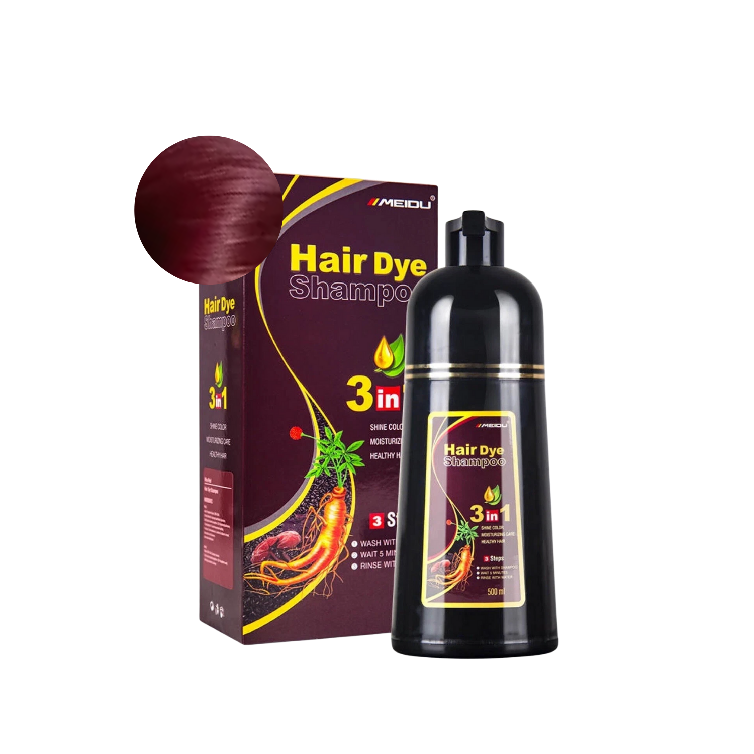 Shampoo MEIDU Tinte instantaneo cubre Canas Jengibre Vino Rojo